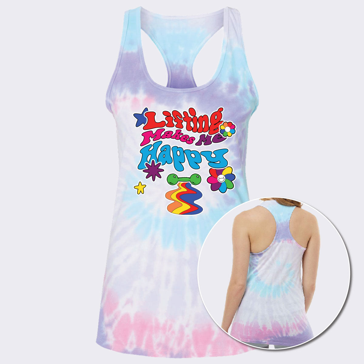 Lifting Makes Me Happy Tie-Dyed Racerback Tank Top