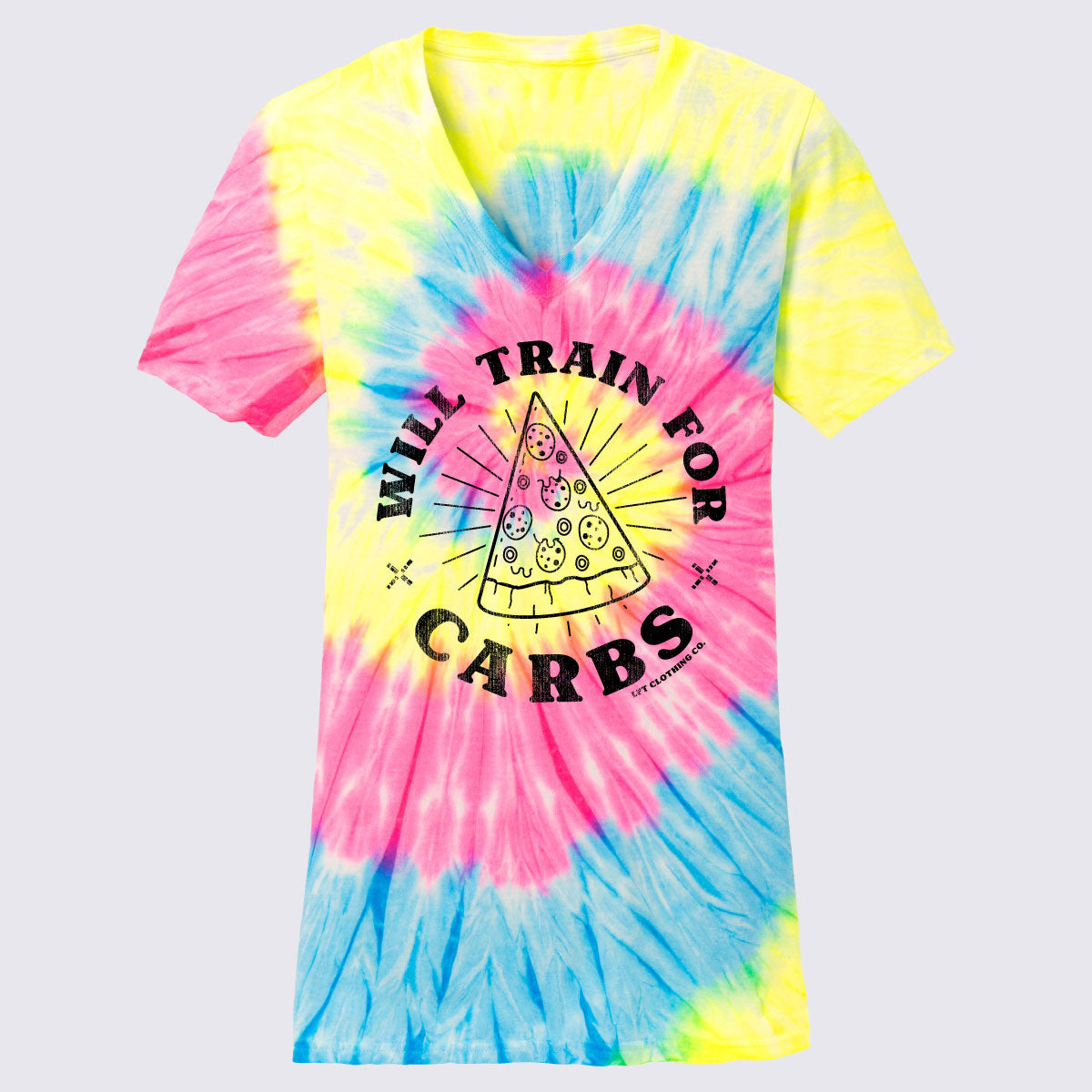 Will Train for Carbs Ladies Tie-Dye V-Neck Tee