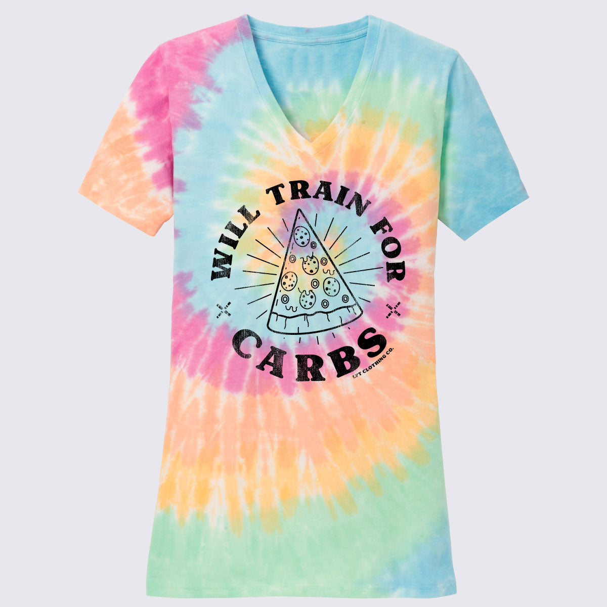 Will Train for Carbs Ladies Tie-Dye V-Neck Tee